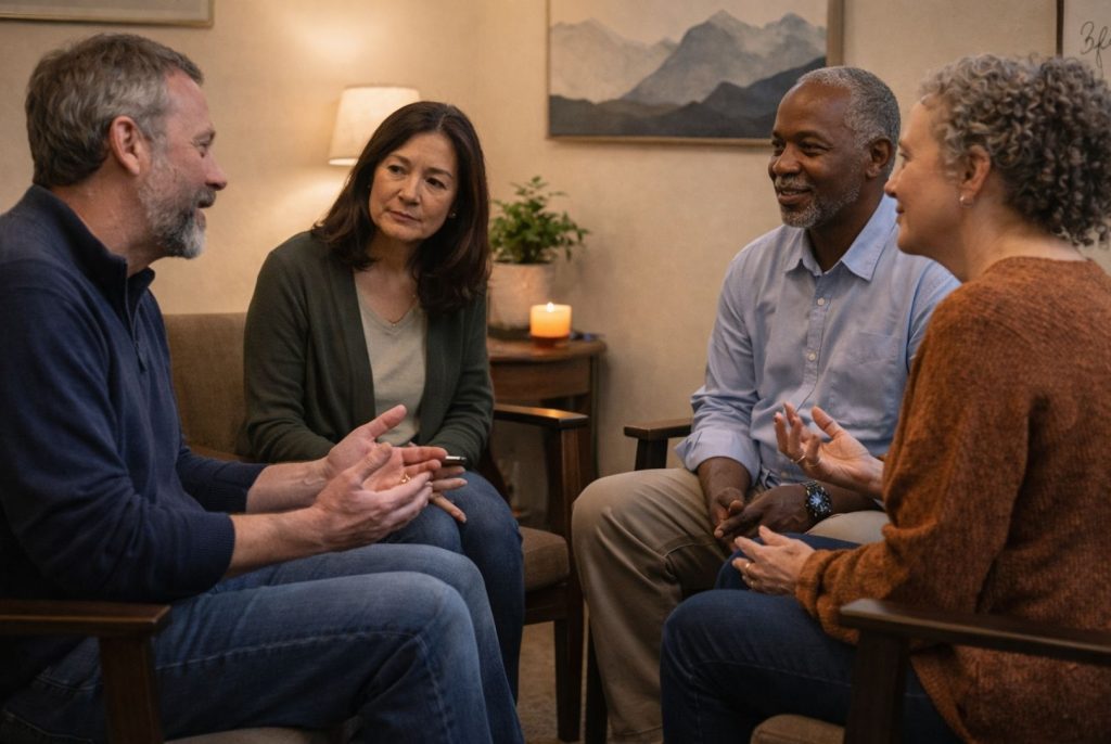Diverse group of middle-aged adults in small circle having spiritual companionship and faith conversation